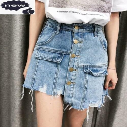 Women Harajuku Irregular Jeans Skirts Korean Buttons High Waist Kpop Denim Short Pants Casual Ripped Streetwear Shorts