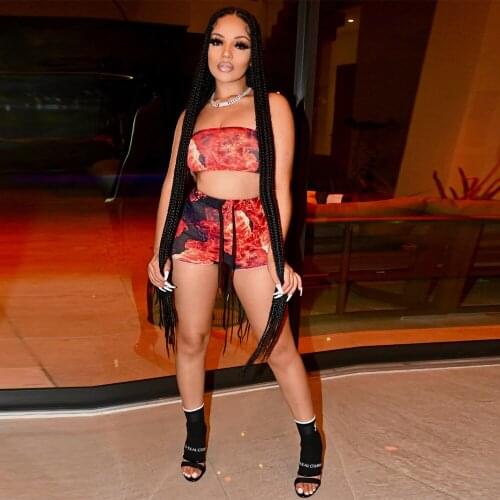 Hip Hop Women Fitness 2 Piece Short Sets Fire Flame Printed Strapless Slim Fit Crop Top and High Waist Biker Short Streetwear