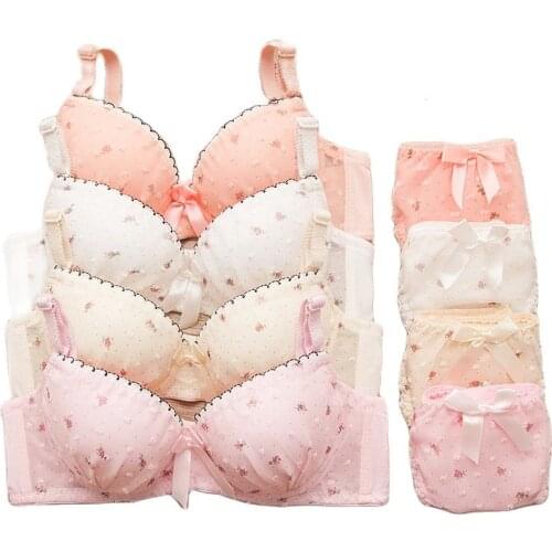 Cotton Lace Bra With Panties Set Dot Floral Girls Students Lingerie Set Comfortable Soft Underwear