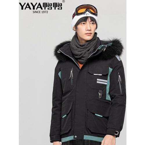 YAYA Men and Womens Winter 95% White Goose Liner Couple Down Jacket Color Patchwork Hooded Real Fur Collar Outdoor Tooling Coat