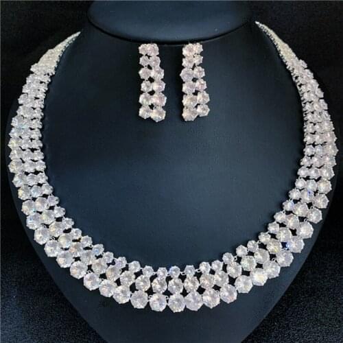 Bling fashion luxury ladies zircon crystal necklace earring set wedding bride bridesmaid charming accessories party jewelry