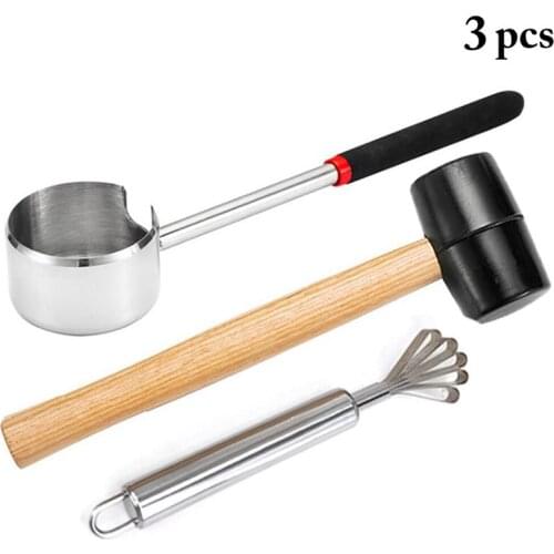 Coconut Opener Tool Set Food Grade Stainless Steel Opener Coconut Meat Tool Wooden Handle Rubber Hammer Easy To Use Durable