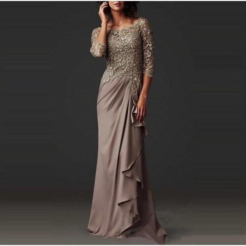 Mother of The Bride Dresses Scoop Neck Three Quarter Sleeves Formal Party Gowns Pleat Chiffon Lace Mother Dresses for Wedding