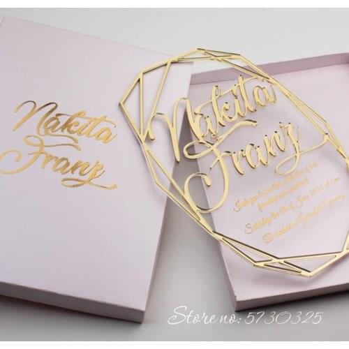 Acrylic Clear Invitation Geometric Wedding Invitations Transparent Gold Foil Printed Invitations Embossed Bride Groom Name
