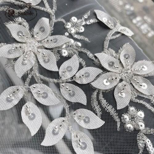 Ivory Luxury Beaded Applique Bridal Lace Fabric Silver Embroidery Flowers and Leaves Sequins High-end Dress Fabric Lace RS3104