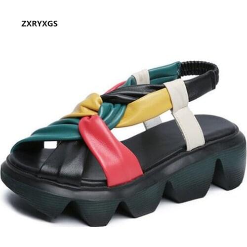 2021 New Spell Colors Full Genuine Leather Sandals Open Toe Shoes Fashion Sandals Platform Increase Sandals Casual Women Sandals