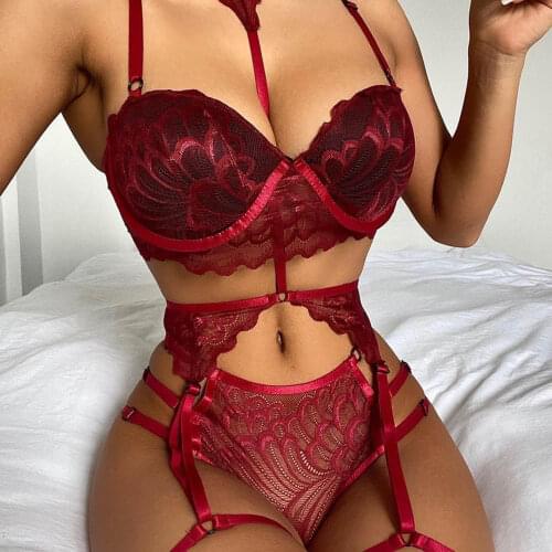 Sexy Bra And Panties Set Lingerie Red Lace Transparent Underwear Erotic Garter Brief Sets Intimates Porno Costumes Sleepwear