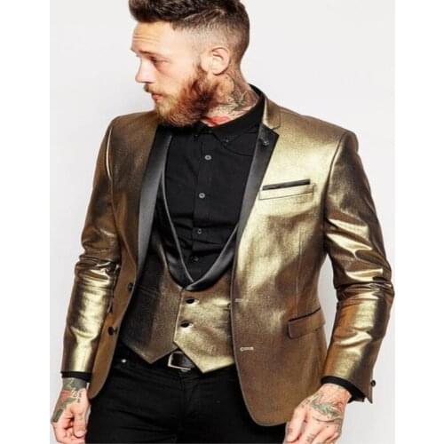 3 Piece Shiny Tuxedos Mens Slim Fit Gold Suits Lapel Cran Groom Tuxedos Bridesmaids Mens Wedding Suits (Jacket + Pants + Vest)