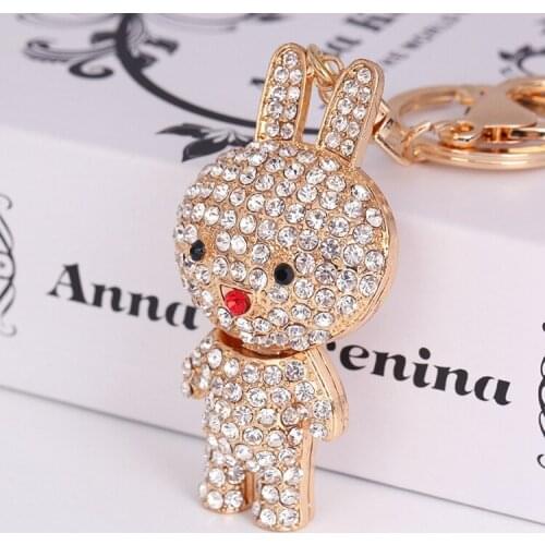 Creative full rhinestone stereo rabbit metal key ring ladies bag car key jewelry pendant girl gift