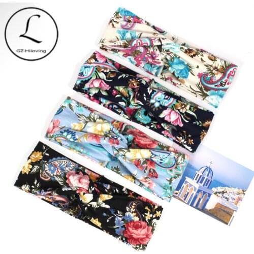 Ladies Pure Cotton Bohemian Tie-dye Headband Bifurcated Yoga Hairband for Woman Running Sport Soft Sweat-absorbent Wide Headwear