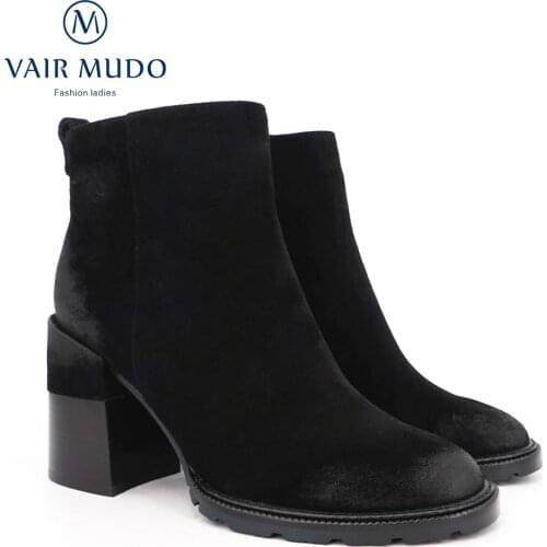VAIR MUDO 2020 New Boots Genuine Leather Shoes Women Autumn Winter Fashion Thick Heels Short plush Kid Suede Ziper Warm ShoeDX63