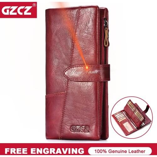 GZCZ Women Genuine Leather Wallet Free Engraving Female Long Coin Purse Portomonee Gift for Lady Money Card Holder Vallet Handy