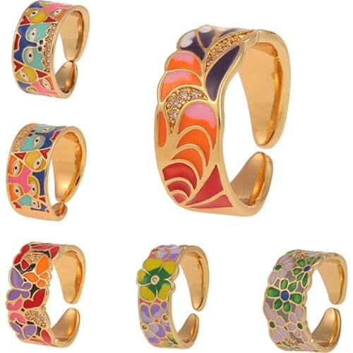 Cute Enamel Cartoon Womens Ring 2021 Trend Bohemian Elegant Color Flower Open Rings Fashion Party Personality Jewelry Gift