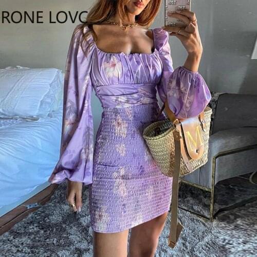 Women Ruffles Lantern Sleeve Floral Print Shirring Dress Casual Dress Summer Mini Dress