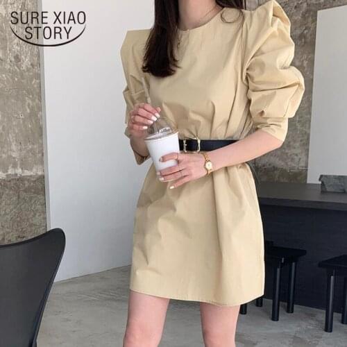 2021 Casual Vintage Khaki Summer Dress Spring Korean Chic Mini Dress with Belt Solid Color A Line Women Dresses Vestidos 13613