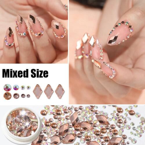1 Box Mixed-size 3D Nail Rhinestones Shiny Crystal Diamond AB Flat Back Nail Art Tips Decorations Glitter Gems Manicure Beads