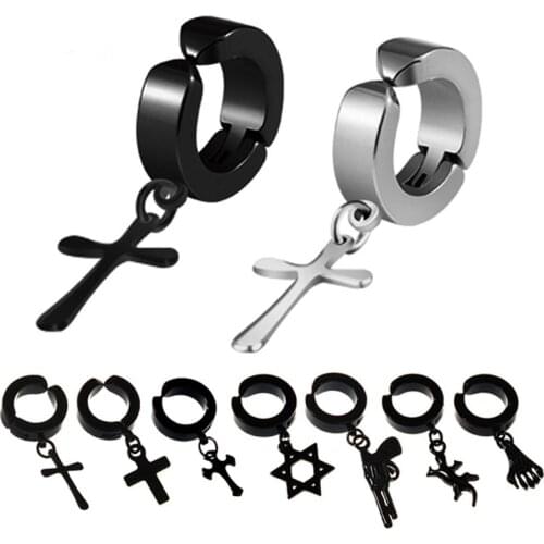1 pc Punk Stainless Steel Cross Stars Pendant Ear Clip No Piercing Earrings For Hiphop Fashion No Ear Hole Men Jewelry