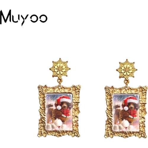 2020 New Painting Christmas Puppy Pug Bulldog Kawaii Dog Rectangle Glass Cabochon Vintage Mandala Drop Dangles Earrings