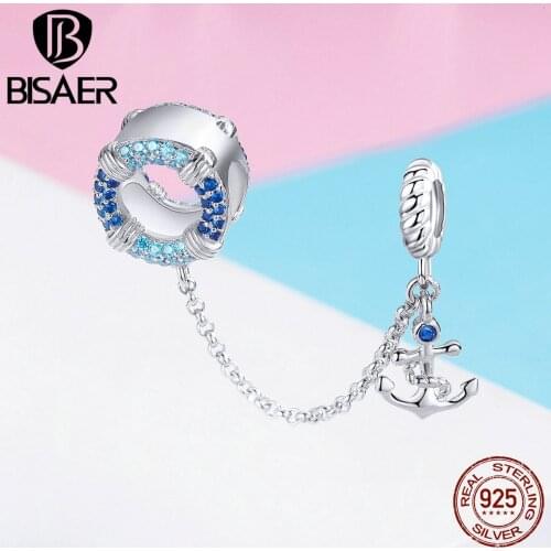 BISAER 100% 925 Sterling Silver Maritime Journey Charms Ocean Safety Chain Beads fit DIY Bracelets Jewelry Making ECC1149