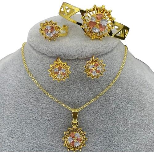 Kids Dubai Ethiopian Jewelry Necklace/pendant/Earring baby 18k Colorful Fine Gold flower Europe Child Birthday Sets