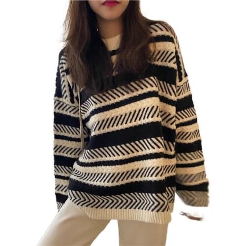 Round Collar Long Knitted Pullover Women Casual Fashion Korean Striped Patchwork Elegant Thickened Sweater 2021 Winter Outerwear