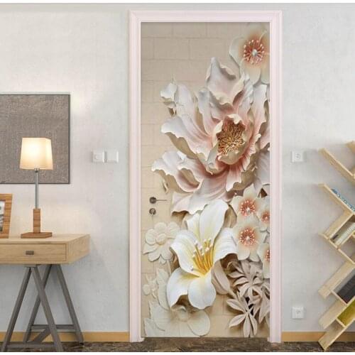 Door Sticker 3D Embossed Flowers Wallpaper PVC Self-Adhesive Living Room Hotel Door Decals Home Decor Vinyl Mural Wall Stickers