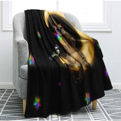 Cartoon Animal Flannel Blanket for Kids Cat Sit on the Moon Plush Bed Sofa Blanket Galaxy Star Fluffy Throw Blanket Boys Girls