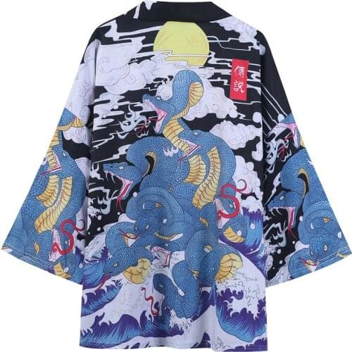 Black Fashion Streetwear Yamata no Orochi Print Kimono Cardigan Robe China Haori Obi Traditional Japanese Clothes for Women Men