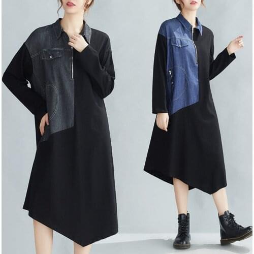 Trendy 2021 Summer New Irregular Open-Stitch Denim Stitching Pocket Zipper Shirt Dress Mid-Length Casual Loose Clothing M455