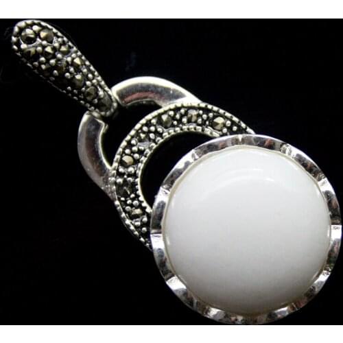 RARE 925 STERLING SILVER NATURAL WHITE SEA SHELL MARCASITE PENDANT 40x20MM