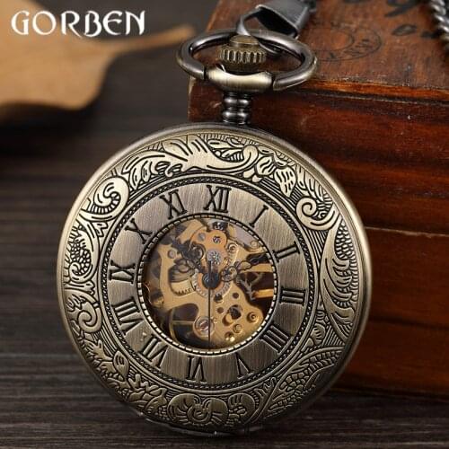 Retro Exquisite Carving Dial Pocket Watch Mens Double-sided Open Hollow Skeleton Steampunk Bronze Mechanical Pocket Watch Chain