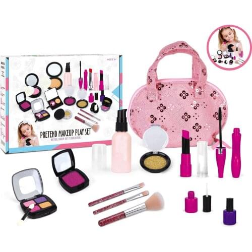 Pretend Play Princess Pink Makeup Beauty Safety Non-toxic Kit Toys Girls Make Up Toy Set for Girls Dressing Cosmetic Travel Bag