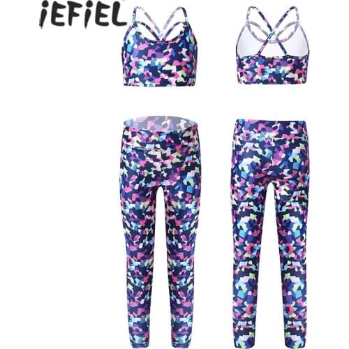 Kids Girls Sport Wear Sets Digital Print Sport Tanks Crop Top with Leggings Sleeveless Workout Gym Dance Yoga Outfit 6-14 Year