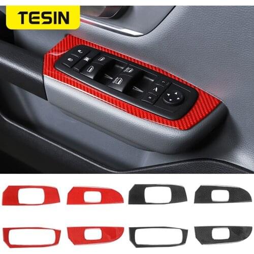 TESIN Carbon Fiber Car Interior Window Lift Switch Button Panel Decoration Cover Stickers for Dodge RAM 2018+ Car Accessories