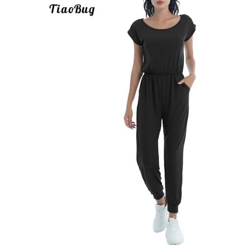 TiaoBug Summer Women Fashion One-Piece Pure Color Jumpsuit Round Neck Short Sleeves Elastic Waist Pants Bodysuit For Yoga Sport