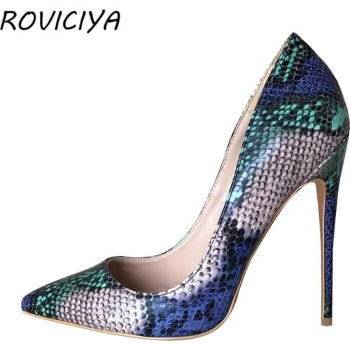 12cm High Heels Wedding Party Women Shoes Fashion Sexy Pumps Blue Snake Pointed Toe plus size YG017 ROVICIYA