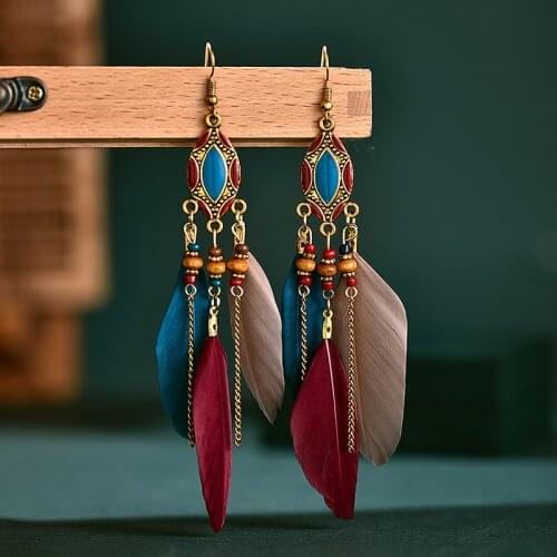 Vintage Indian Jhumka Ethnic Long Chain Feather Tassel Earrings Women Summer Jewelry Bohemian Ethnic Metal Dangle Ladies Earring