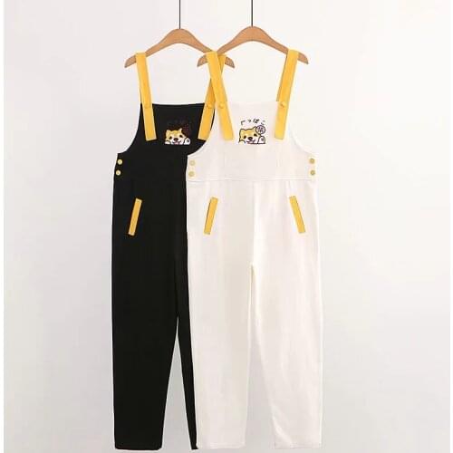 Japanese Cute Fashion Women Jumpsuits Kawaii Cartoon Embroidery Black Strap Pants Teen Girls 2021 Harajuku Casual White Overalls