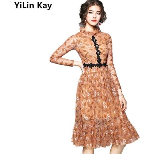 YiLin Kay 2019 new arrival Women spring dress Contrast color lace splicing stand collar fashion Lace dress