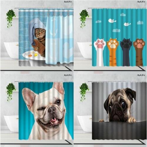 Funny Animal Cat Bathing Bathroom Shower Curtains Cute Cartoon Dog Cats Paw Print Children Bathtub Decor Waterproof Bath Curtain
