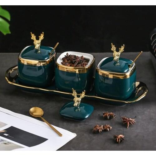 Green kitchen spice jar, European ceramic jug set msg salty sugar venison storage tank with spoon