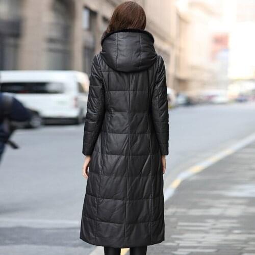 Down Women Jackets Real Sheepskin Coat Long Winter Warm Genuine Leather Jacket Hooded Mink Fur Trim manteau femme 18399B