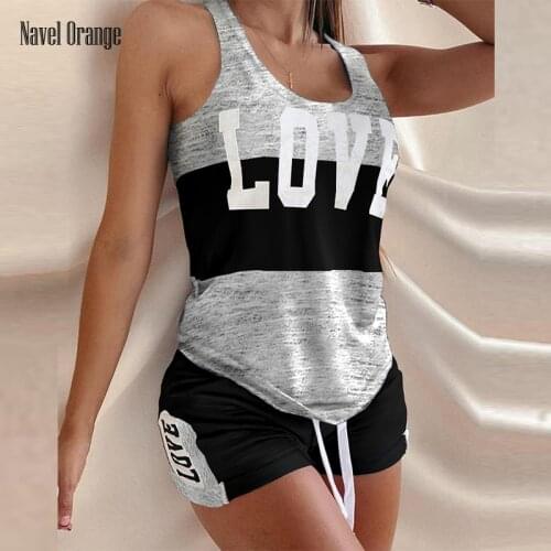 Ladies Casual Letter Printing Two-Piece Set Sleeveless Sexy Top Shirt Drawstring Waist Shorts Homewear Sports Daily Wear Suit
