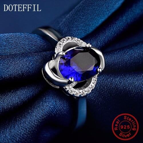 AAA Blue Zircon 100% Sterling Silver For Women Party Wedding Flower Love Rings Fashion Charm Rings Jewelry