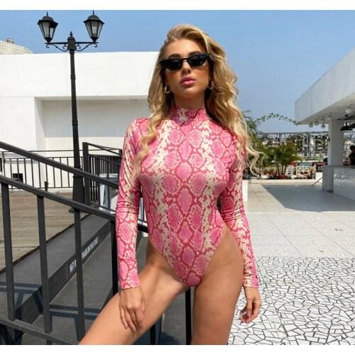 2021 New Half-high Collar Printed Sexy Rompers Women Bodysuit Long Sleeve Regular Zipper Jumpsuits Women Fashion Streetwear