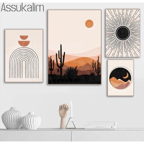 Abstract Vintage Poster Sun Moon Canvas Painting Rainbow Art Print Geometric Line Prints Boho Wall Pictures Living Room Decor