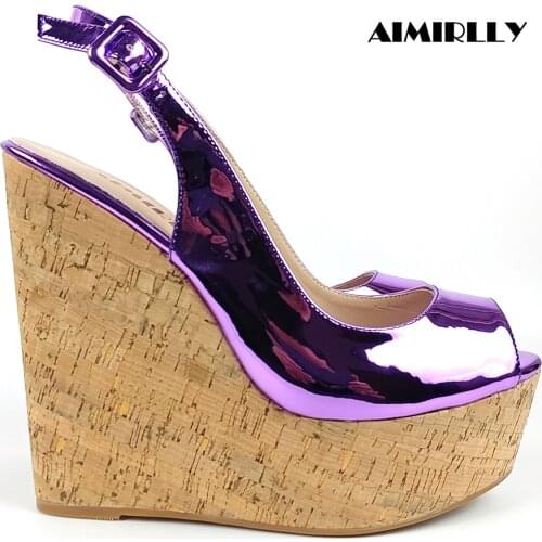 Women Cork Wedge Summer Sandals Slingback Metallic Mirror Peep Toe Platform High Heels Shoes Ladies Party Comfortable Heels