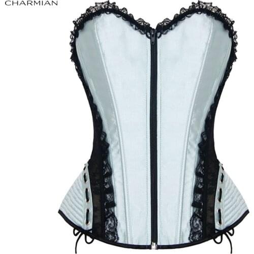 Charmian Womens Elegant Bridal Overbust Corset Satin Black Lace Retro Gothic Victorian Corsets and Bustiers Top with Zipper