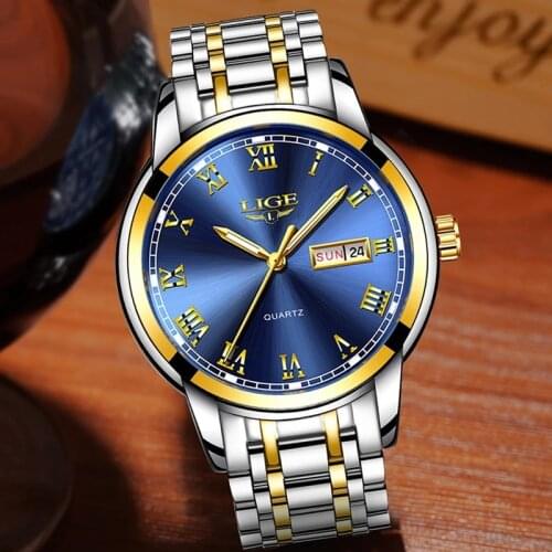 Watches Mens 2019 Fashion Quartz Gold Clock LIGE Brand Top Luxury All Steel Men Wristwatch Waterproof Date Week Dial Watch+Box