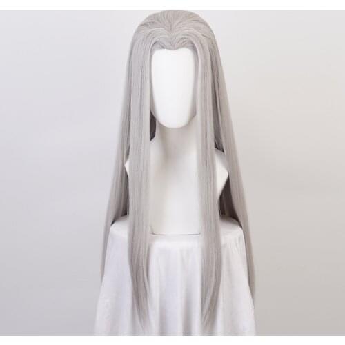 FF VII 7 Remake Sephiroth Sliver Straight Long Heat Resistant Cosplay Synthetic Hair Halloween Party Carnival + Free Wig Cap